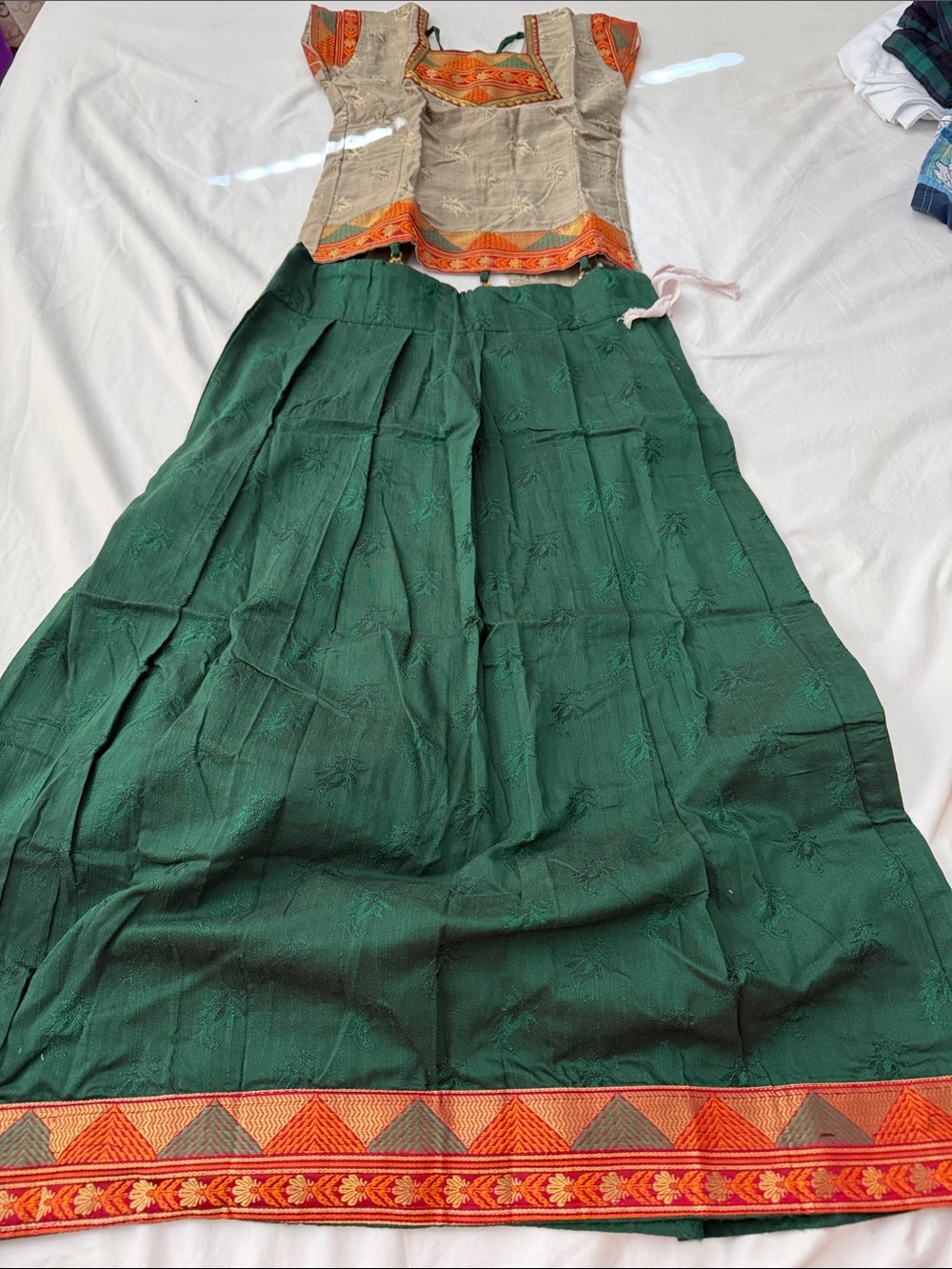 Indian girls Green Embroidered Skirt with top Orange Trim
